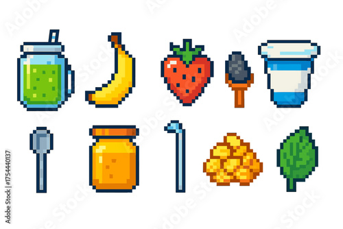 Pixel food and drink icon set. Fruits and snacks pixel art collection