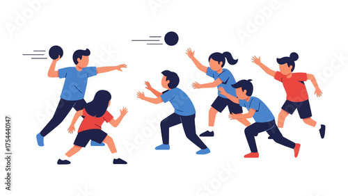 Dodgeball Duel: dynamic illustration captures a dodgeball match, where energetic children are engrossed in a contest of skill, coordination, and excitement.
