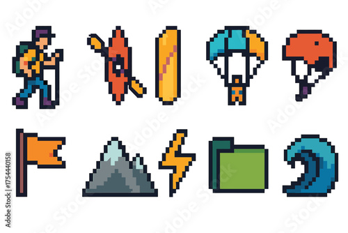 Adventure and travel pixel icon set. Hiking, surfing, skydiving line art collection.