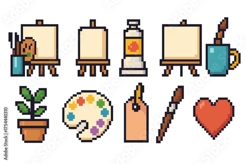 Art supplies flat icon set. Easel, paint, palette, brush icons flat collection.