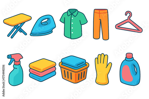 Laundry and cleaning icon set. Household chores icons in flat style.
