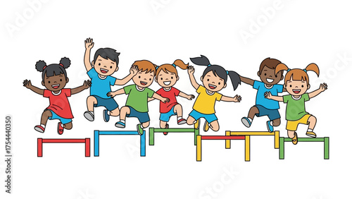 Joyful Hurdles: A diverse group of children leaps and bounds with unbridled energy over miniature hurdles, a vibrant scene of sportsmanship and spirited fun.