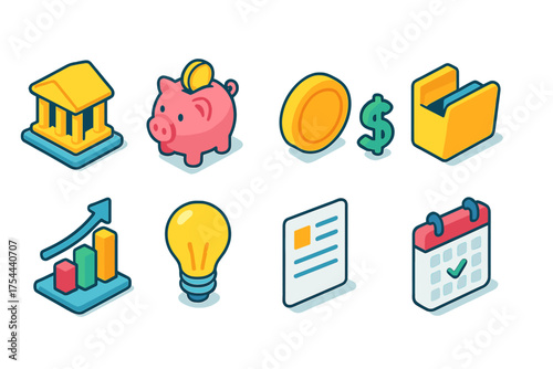 Finance and business 3d icon set. Coins, money, bank, and investment icons collection
