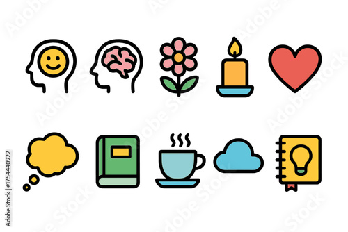 Mental health flat icon set: wellness, self-care, mental health, mindfulness graphics