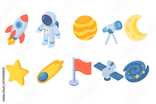 Outer space, astronomy isometric icon set. Space exploration, galaxy icons 3d collection