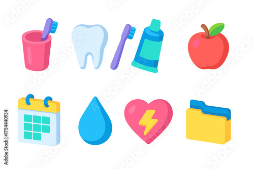 Dental care flat icon set. Oral hygiene, toothpaste, toothbrush, heart, apple icons.