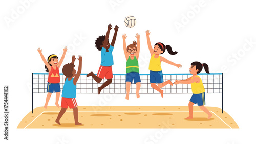 Volleyball Match on the Beach: Lively children engage in an energetic beach volleyball game, leaping towards the net to hit the ball, under a cloudless sky.