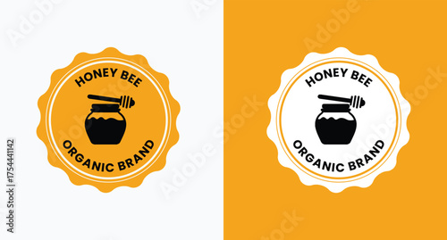 100% Natural wild raw organic honey logo label concept with bee symbol inside hexagon honeycomb nectar drop sign. Beekeeper farm badge brand identity template. Vector illustration.