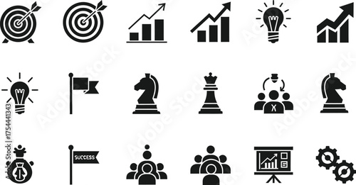 Collection of business and strategy icons including targets graphs lightbulbs flags chess pieces and teamwork isolated on transparent background