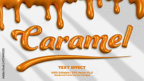 Caramel text effect with dripping glossy caramel sauce in shiny orange color for editable EPS vector design element