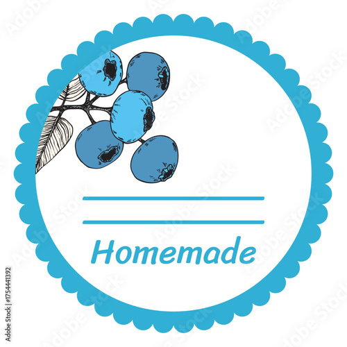 Template jam label design. Retro homemade label. Blueberry marmalade dessert product. Doodle vector illustration.