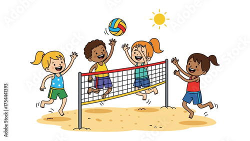 Kids enjoying Volleyball Game: A lively group of young friends passionately playing volleyball on a sunny beach, demonstrating camaraderie, competition, and joyful interaction.