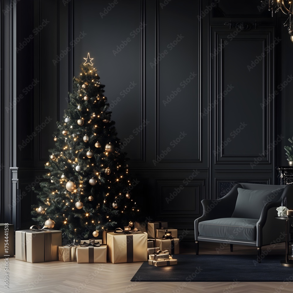 Fototapeta premium Modern minimalist New Year scene with elegant Christmas tree and luxury decorations