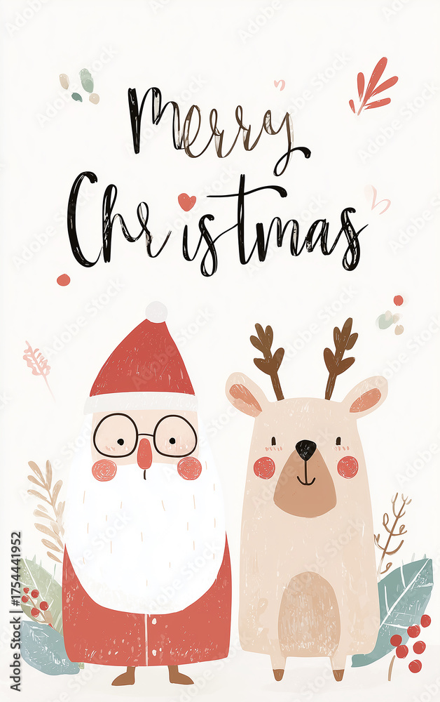 Obraz premium Merry Christmas: Santa and reindeer in snowy scene with gifts for festive holiday card