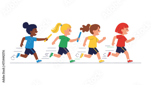 Relay Race: A dynamic illustration of a relay race, featuring a team of young runners of various ethnicities passing a baton, symbolizing teamwork and determination.