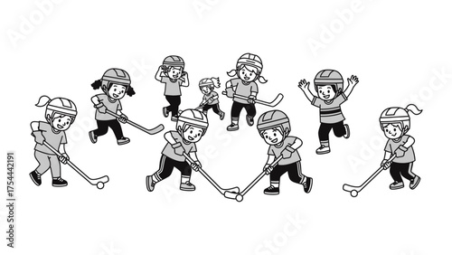 Young hockey players engaged in an energetic game: Capturing the excitement and dynamism of a youth hockey match. Showcasing the sport's physical prowess and competitive spirit.