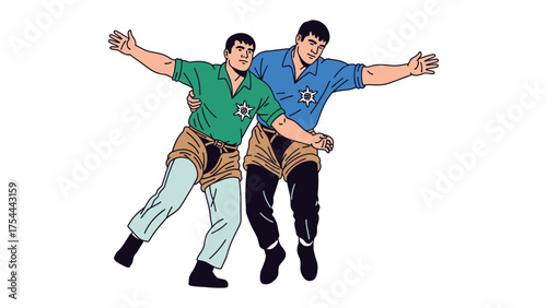 Support and Assistance: Two figures demonstrate a supportive embrace. One figure, positioned on the right, lends his arm to aid the person on the left, illustrating solidarity and compassion.
