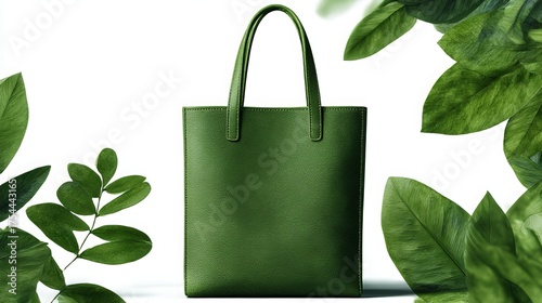 Eco-friendly green bag isolated on white. Vegan leather concept promoting sustainability, environmental protection, and a zero-waste lifestyle
