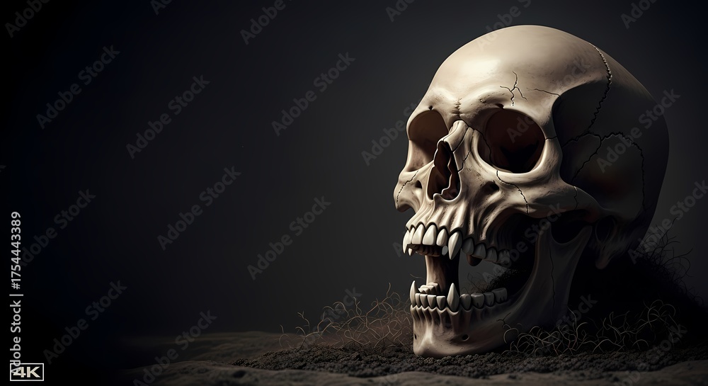 Fototapeta premium Realistic human skull resting on dark barren ground against atmospheric moody backdrop perfect for Halloween Gothic themes and studies