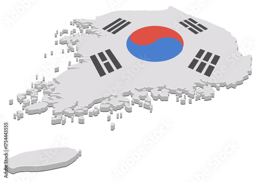 3D map of South Korea in the colors of the South Korean flag (cut out)