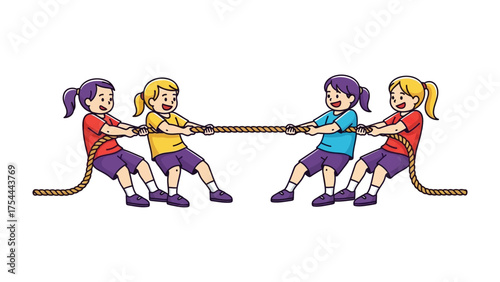 Tug-of-War Teamwork: Four energetic individuals engage in a spirited game of tug-of-war, showcasing teamwork and competitive spirit in a vibrant, dynamic scene.