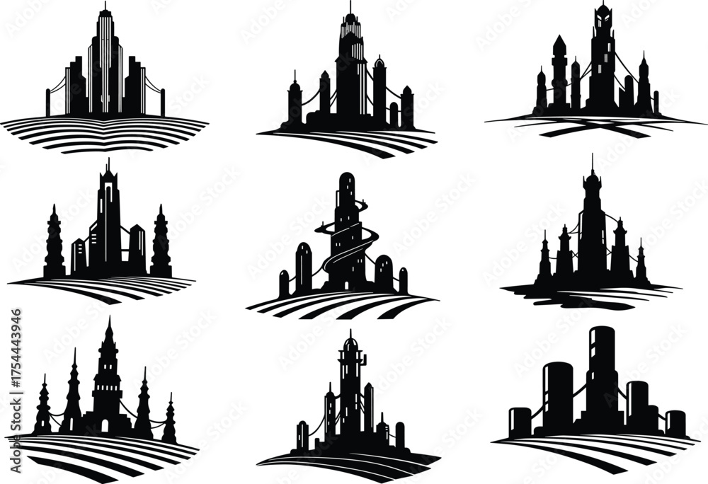 Obraz premium Collection of modern and futuristic city skyline silhouette vector illustrations for architecture, urban landscape, real estate, and metropolitan design concepts