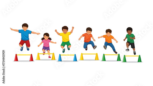 Kids Jumping Hurdles: Energetic children demonstrate athletic prowess as they jump over colorful hurdles in a dynamic display of agility and coordination, embodying a spirit of healthy competition.