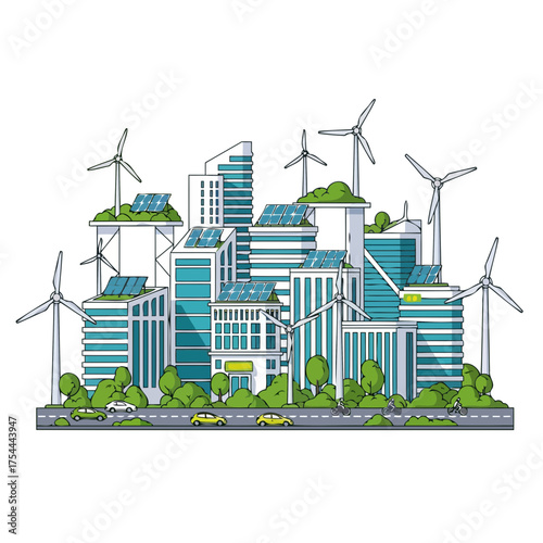 Smart city powered by wind turbines and solar panels