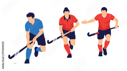 Dynamic Hockey Trio in Action: Capturing the energy of a field hockey game with three players showcasing different aspects of the sport, from skillful stickwork to coordinated play.