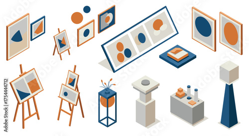 Isometric art gallery with abstract paintings and modern sculptures in minimalist style