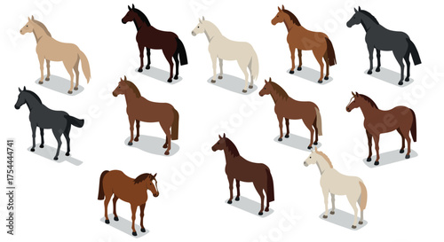 Diverse isometric horse collection in various colors and poses