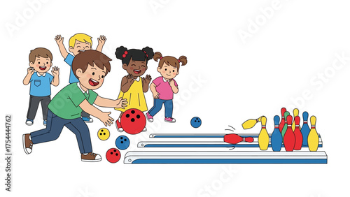 Kids Bowling Fun: A group of cheerful children bowling with a lot of happiness at the bowling lane, celebrating joyfully as the bowling ball rolls toward pins, perfect to celebrate family activities.
