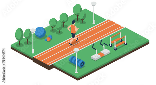Isometric outdoor fitness track with runner and exercise equipment