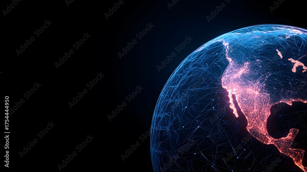 Fototapeta premium The image shows a digital representation of the Earth, with a focus on North America, rendered with glowing blue lines connecting points, highlighting the region.