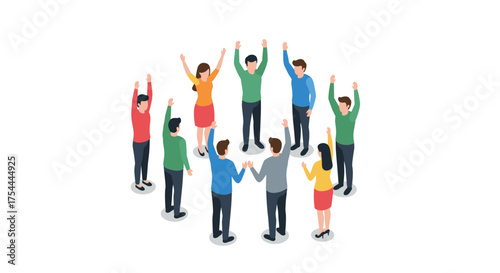 Group of diverse people celebrating together in isometric style