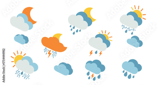 Weather icons collection featuring clouds, sun, and rain with minimalist design