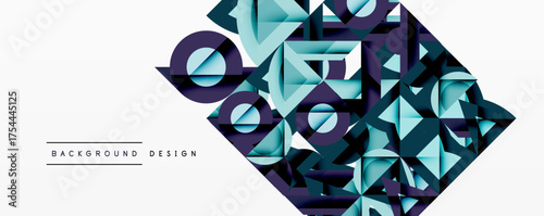 Abstract geometric shapes create dynamic composition. Blue, teal, purple hues dominate design, offering modern aesthetic.