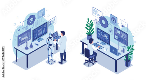 Futuristic isometric concept: human and robot collaboration in ai development