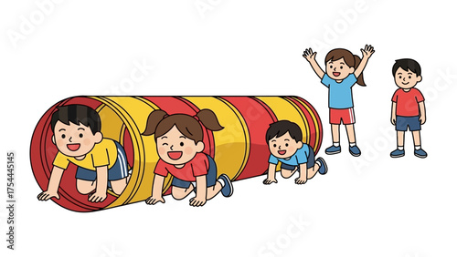 Playful Adventure: Young children crawl through a vibrant tunnel, a symbol of exploration and camaraderie. Capturing the essence of playfulness and youthful curiosity.