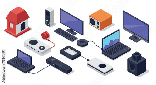 Isometric electronics and gadgets set featuring laptops and monitors