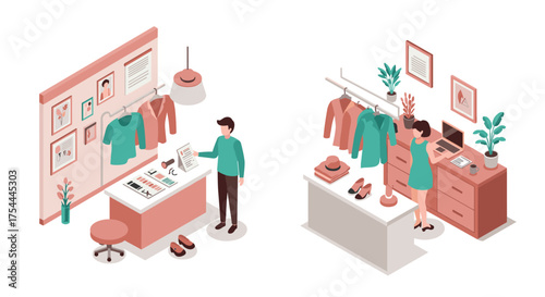 Isometric office fashion design concepts with people interacting in workspace