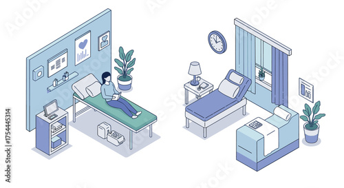 Modern isometric hospital rooms with patients and medical equipment