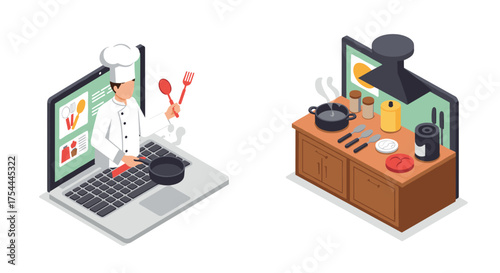 Isometric online cooking class: chef on screen with kitchen tools and ingredients