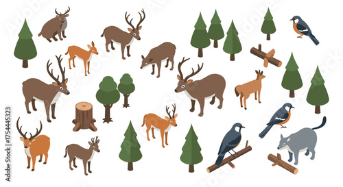 Isometric forest wildlife with deer, trees, and birds in a natural habitat
