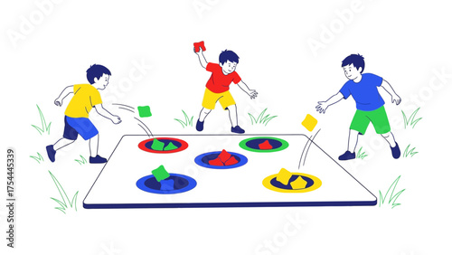 Kids Enjoying Bean Bag Toss Game: A vibrant illustration showcasing a spirited group of kids engaged in a bean bag toss, epitomizing active fun and childhood joy. 