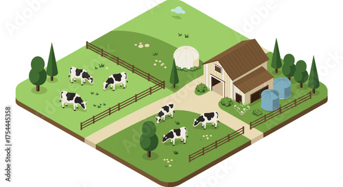 Isometric farm scene with cows grazing in pasture near barn and silos