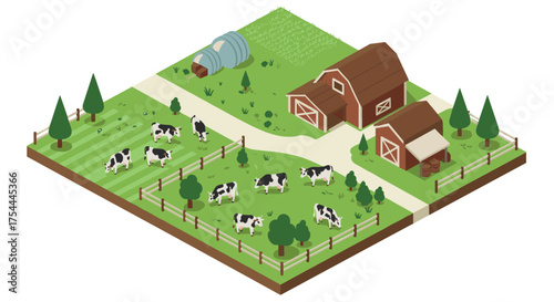 Charming isometric farm with cows roaming green pastures and rustic barns