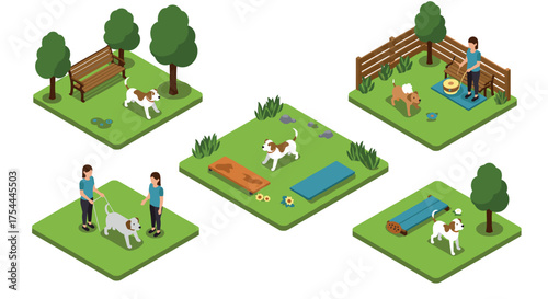 Isometric dog training park with obstacle course and pet owners