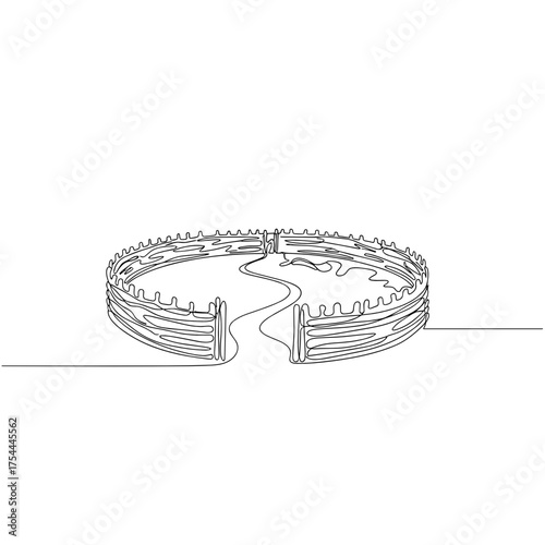 Traditional kraal enclosure in one line art style, black and white, representing African culture and rural life, with copy space