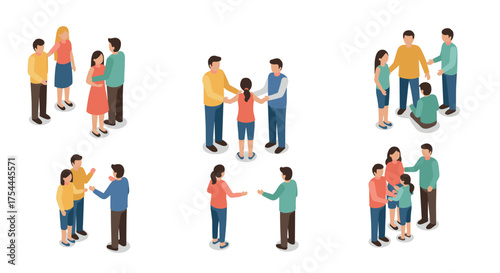 Isometric people engaging in conversations and group interactions